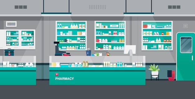 Vecteur pharmacie avec caisses enregistreuses et équipement de comptoir.