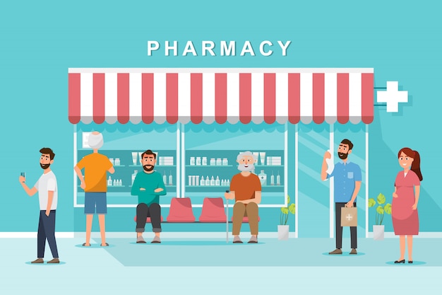 Vecteur pharmacie avec client dans la ville