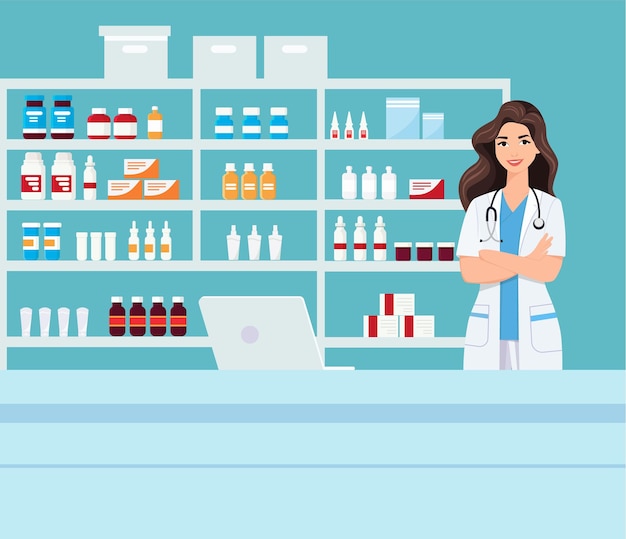 Pharmacie avec infirmière au comptoir pharmacie cartoon character design illustration vectorielle