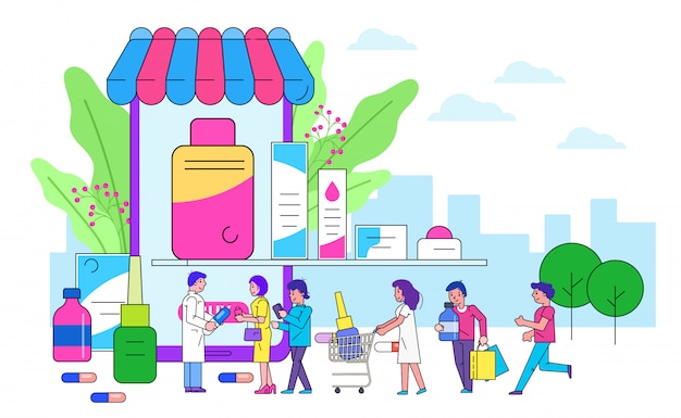 Pharmacie en ligne, illustration de la ligne. Technologies de santé modernes, achetez des médicaments sur l'application mobile. Patinent près de smartphone