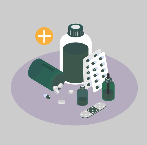 Vecteur un pharmacien dans une pharmacie, debout à côté de pilules et de flacons médicinaux. le personnel médical sélectionne
