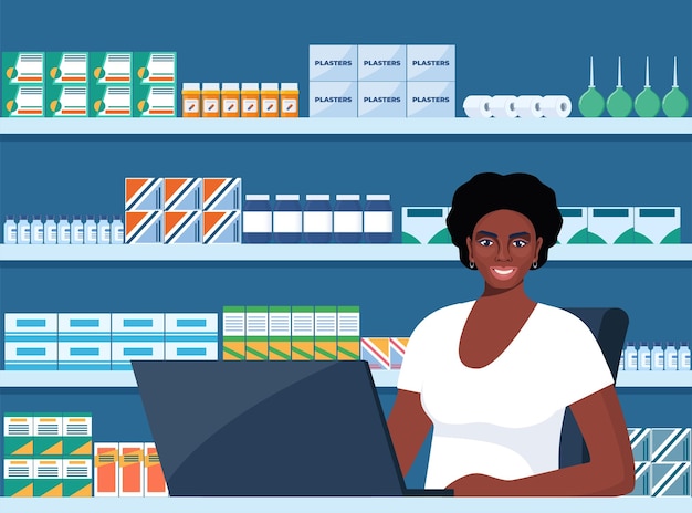 Pharmaciste afro-américain au comptoir de la pharmacie Pharmaciste en face des étagères avec des médicaments