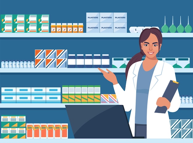 Pharmaciste au comptoir de la pharmacie Pharmaciste en face des étagères avec les médicaments