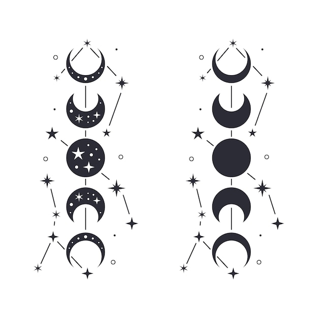 Vecteur phases de la lune avec étoiles silhouette de la lune et constellation illustration vectorielle du croissant de lune