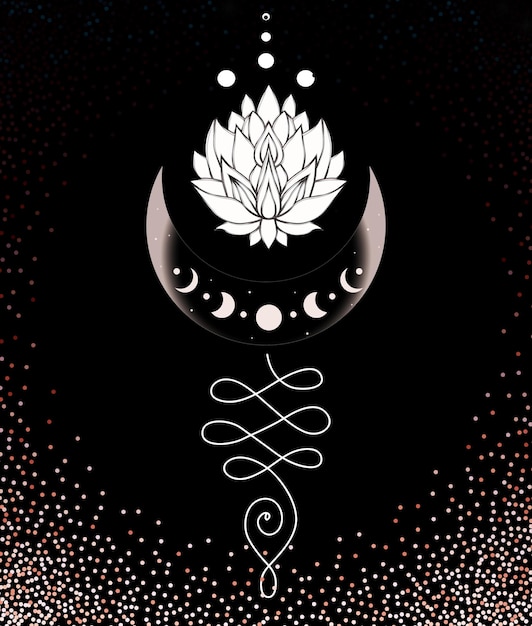 Vecteur phases de lune avec fleur de lotus en noir et rose