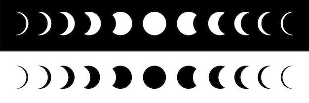 Phases de la lune sur fond noir et blanc. Calendrier lunaire. Le mouvement de la lune
