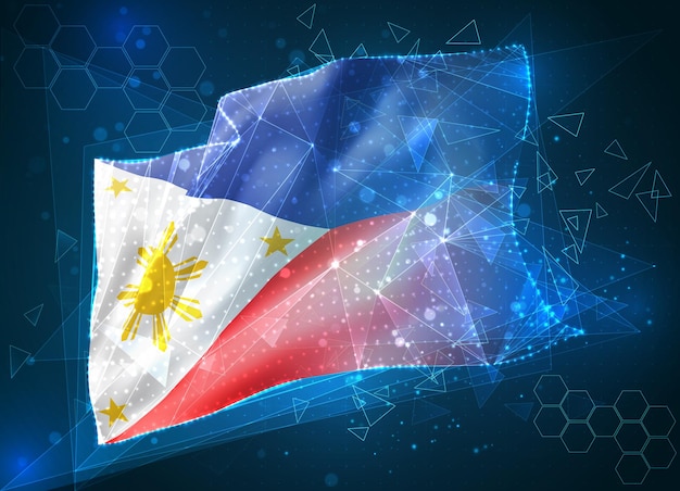 Philippines, drapeau vectoriel, objet 3D abstrait virtuel à partir de polygones triangulaires sur fond bleu