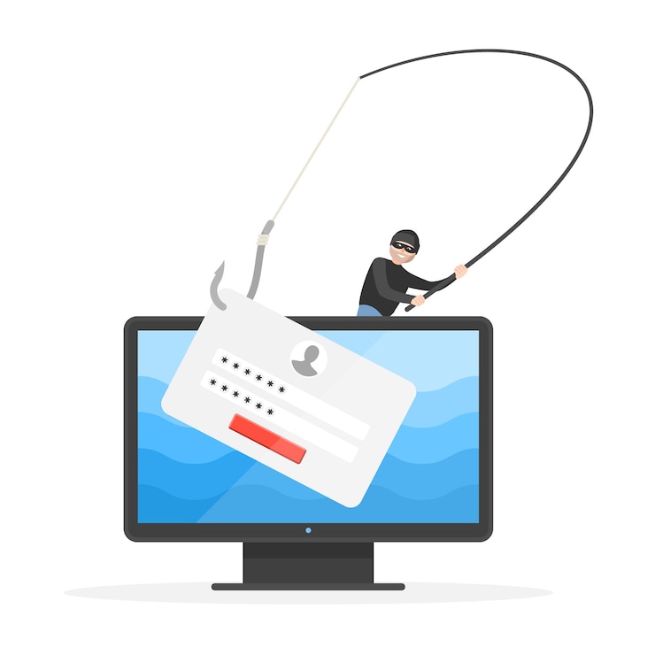 Vecteur phishing d'informations privées de mot de passe, vol de codage de documents. hacker criminel avec hameçon volant le mot de passe pour l'accès à la vie privée sur l'illustration vectorielle de l'ordinateur isolé sur fond blanc