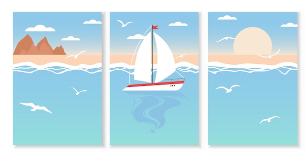 Photo D'affiche D'art Décoratif D'été Avec Yacht à Voile Et Mouettes