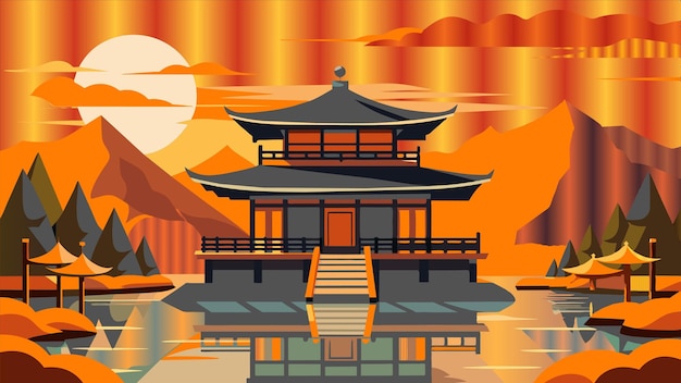 une photo d'un bâtiment avec un coucher de soleil en arrière-plan