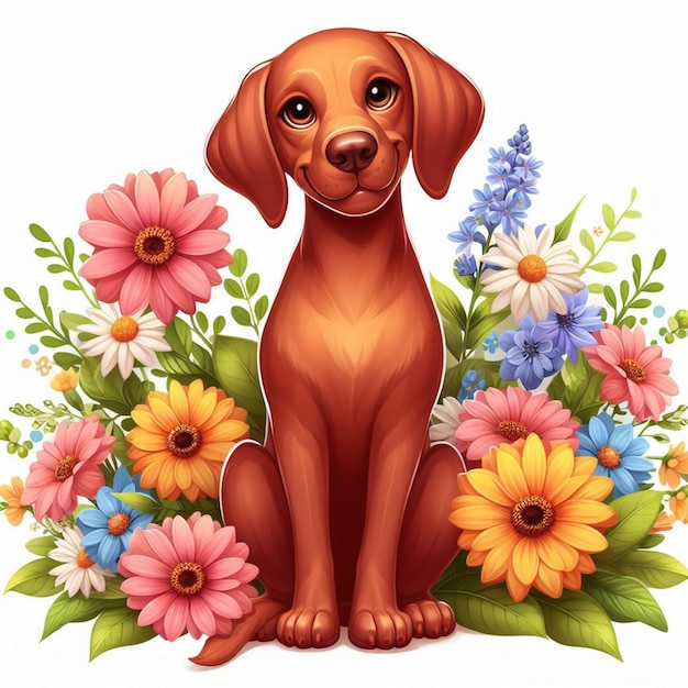 Vecteur une photo d'un chien avec des fleurs et une image d'un chiot