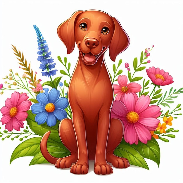 Vecteur une photo d'un chien avec des fleurs et une photo dun chien avec une photo de fleurs