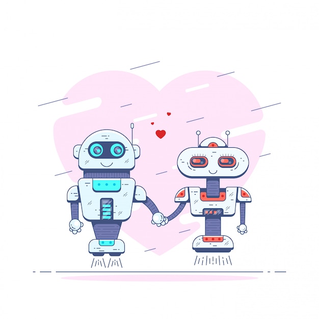 Photo De Deux Robots Mignons Se Tenant La Main. Des Robots Amoureux.