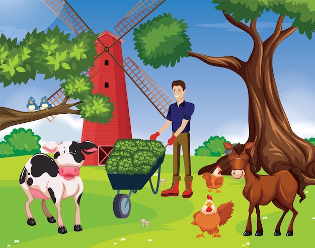 Photo gratuite de Vector Village avec un fermier et son animal de compagnie