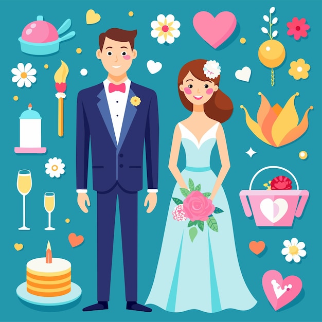 une photo de mariage d'un couple et d'un gâteau avec une fleur et un gâteau