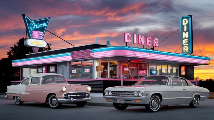 Vecteur une photo d'un restaurant avec une voiture vintage arrière-plan rétro