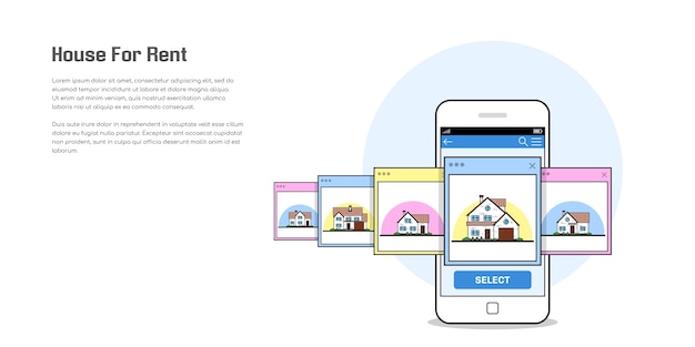 Photo D'un Smartphone Avec Des Icônes De La Maison, Maison à Louer, Concept De Sélection De Maison, Illustration De Style Plat