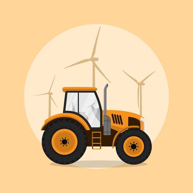 Photo d'un tracteur avec des silhouettes de moulin à vent sur fond, illustration de style