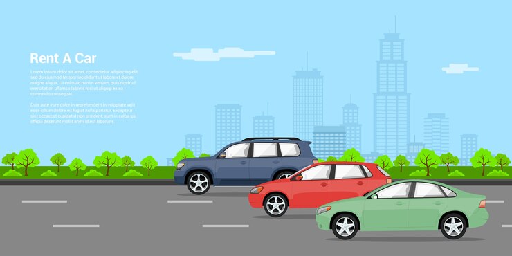Vecteur photo de trois voitures sur le rugissement avec la grande ville sillhouette sur fond, illustration de style, concept de location de voiture