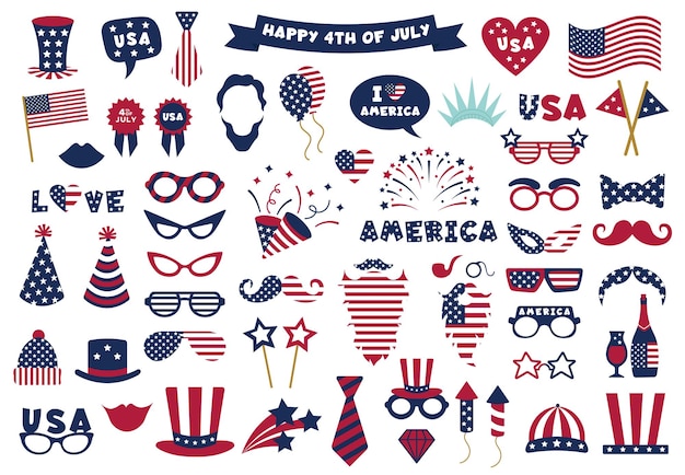 Vecteur photobooth états-unis accessoires patriotiques célébration photobooth masque lunettes américaines