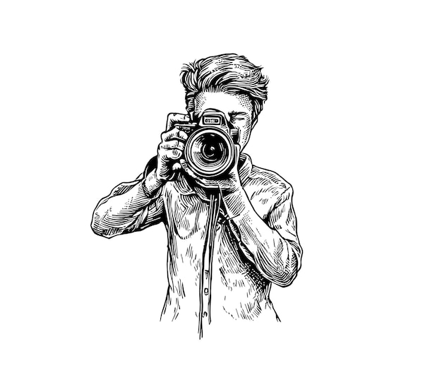 Vecteur photographe masculin avec une caméra dessinée à la main