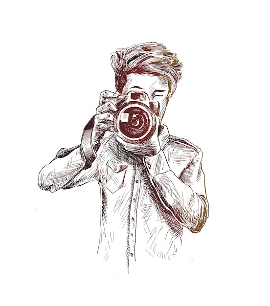 Photographe masculin avec vecteur de croquis dessinés à la main appareil photo