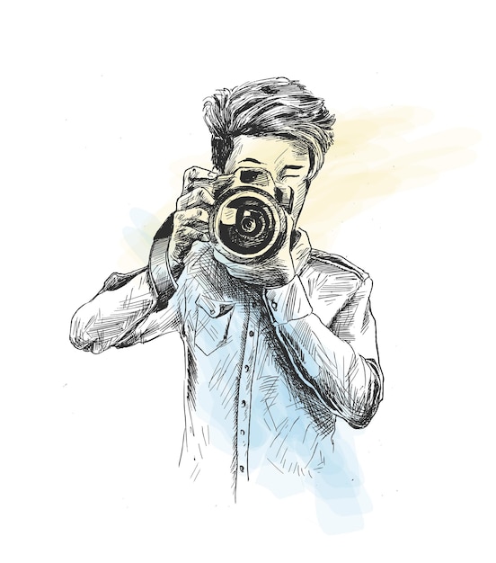 Photographe masculin avec vecteur de croquis dessinés à la main appareil photo
