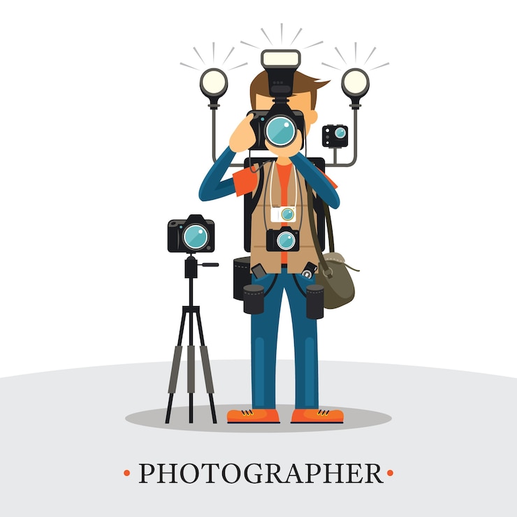 Vecteur photographe de super équipement, homme tenant et visant des caméras, portant trop d'accessoires