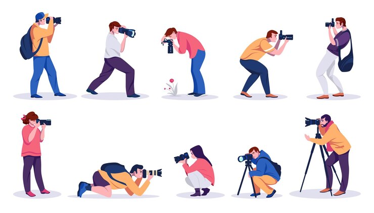 Vecteur photographes. gens de dessin animé professionnels avec des appareils photo prenant des photos avec des trépieds et des mains
