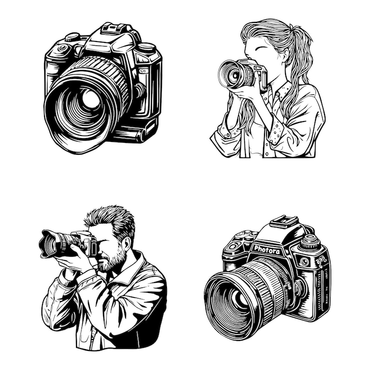 Vecteur photographie icône illustration dessinée à la main en noir et blanc