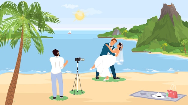 Photographie de mariage prenant une photo d'un couple juste marié sur une plage tropicale