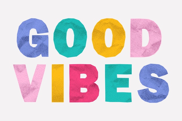 Une phrase audacieuse dans le style de Ransom, de bonnes vibrations d'une lettre colorée déchirée, d'une texture de papier froissé, d'un demi-ton sableux.