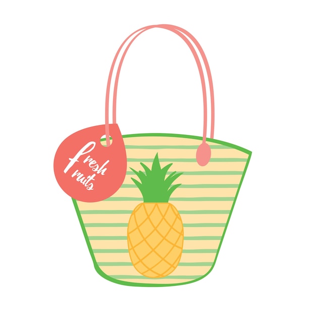 Vecteur phrase fresh friuts print avec sac femme décoré de bandes et d'ananas isolé sur le blanc