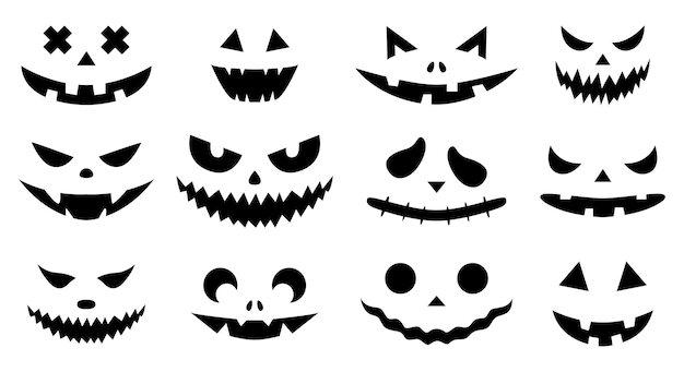 Des physionomies fantasmagoriques. Un ensemble de citrouilles d'Halloween avec des silhouettes de visages isolés sur blanc.