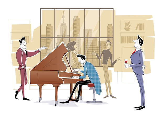 Le pianiste est assis au piano et joue de la musique pour les invités. Illustration de croquis