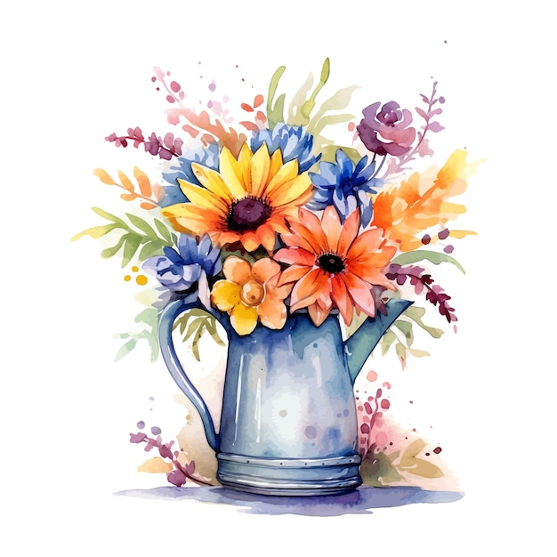 Pichet aquarelle avec fleurs fond blanc