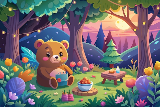 Picnic d'ours en peluche dans une illustration de forêt magique