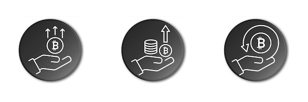 Pictogramme de bitcoin dans la main Icône de croissance Bitcoin Pièces de monnaie dans la main Icônes de croissance financière Symboles de main et de profit Illustration vectorielle linéaire d'affaires