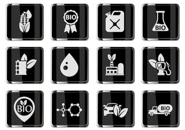 Pictogrammes de carburant BIO en boutons chromés noirs. jeu d'icônes pour votre conception. icônes vectorielles