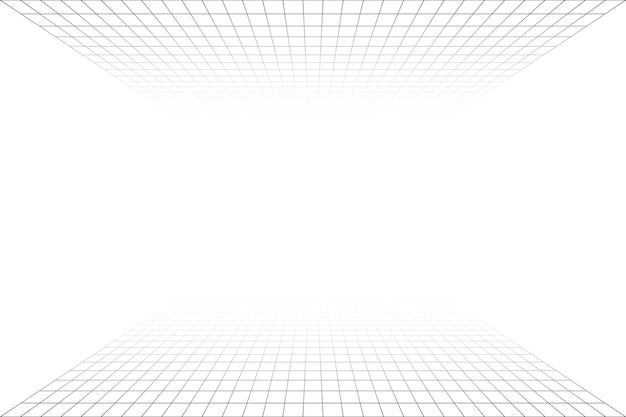 Vecteur pièce blanche de perspective de grille avec le fond gris de fil de fer. sol et plafond. modèle de technologie de cyber-boîte numérique. modèle architectural abstrait de vecteur