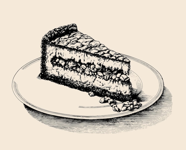 Vecteur pièce de gâteau dessinée illustration dessinée style gravé