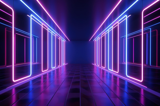 une pièce avec des lumières et un mur avec une lumière violette sur elle