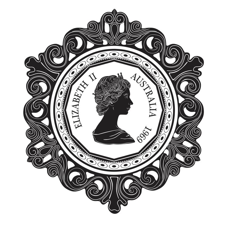 Vecteur pièce de monnaie australienne avec silhouette à la main du vieux cadre
