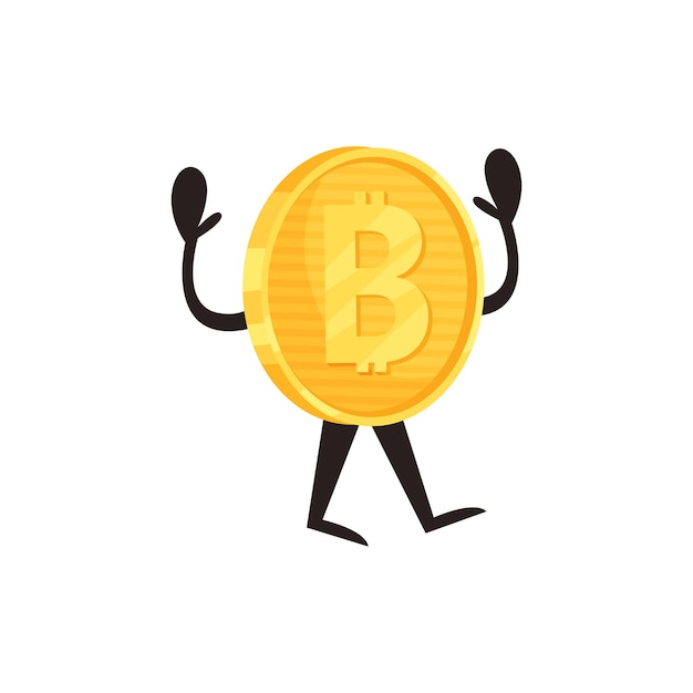 Pièce d'or brillante avec les jambes et les mains du signe bitcoin Monnaie crypto ou concept d'argent virtuel Élément vectoriel plat pour l'application mobile ou le site Web d'autocollant