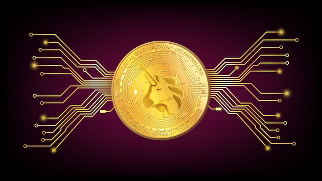 Pièce d'or détaillée Jeton UniSwap UNI du secteur defi avec pistes de circuit imprimé sur fond rouge foncé. Or numérique dans un style techno pour site Web ou bannière. Illustration vectorielle.