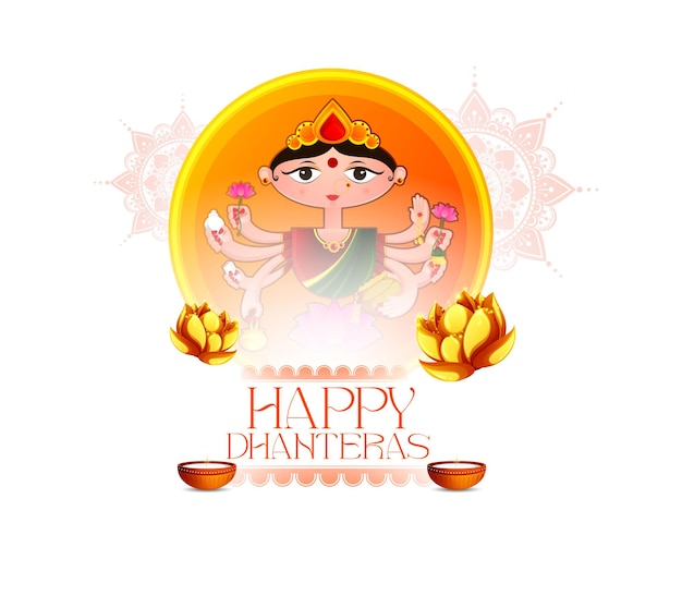 Pièce d'or Happy Dhanteras dans la page Web, l'affiche et la bannière de la lampe Kalash ou Pot et Diya.