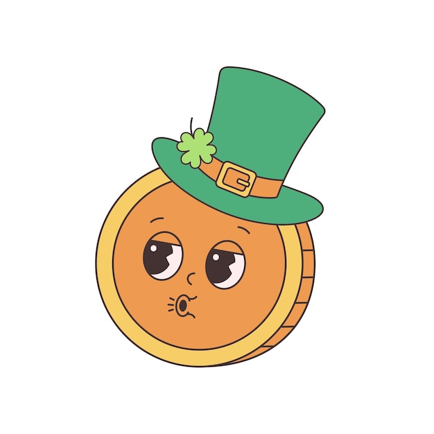 Pièce D'or De Personnage De Dessin Animé Rétro à La Mode Dans Le Chapeau De Cylindre. Joyeuse Saint Patrick