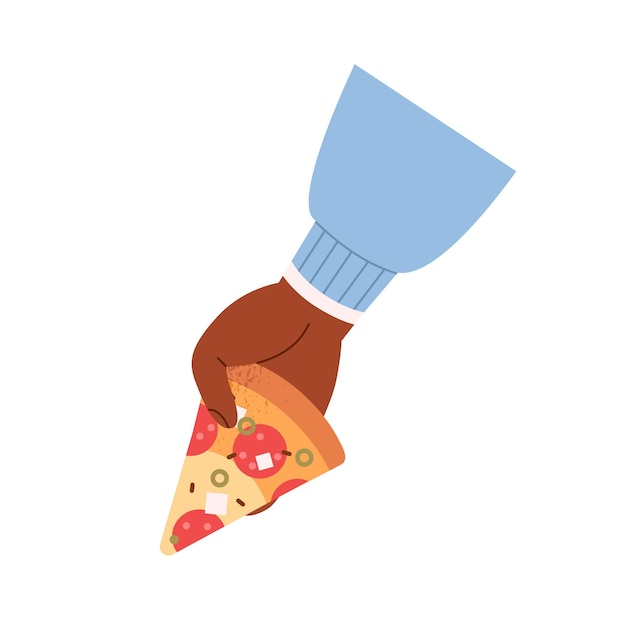 Vecteur pièce de pizza triangulaire à la main. tenir, prendre une tranche de restauration rapide italienne, une collation traditionnelle avec du salami, des saucisses au pepperoni, du fromage feta, des olives. illustration vectorielle plane isolée sur fond blanc