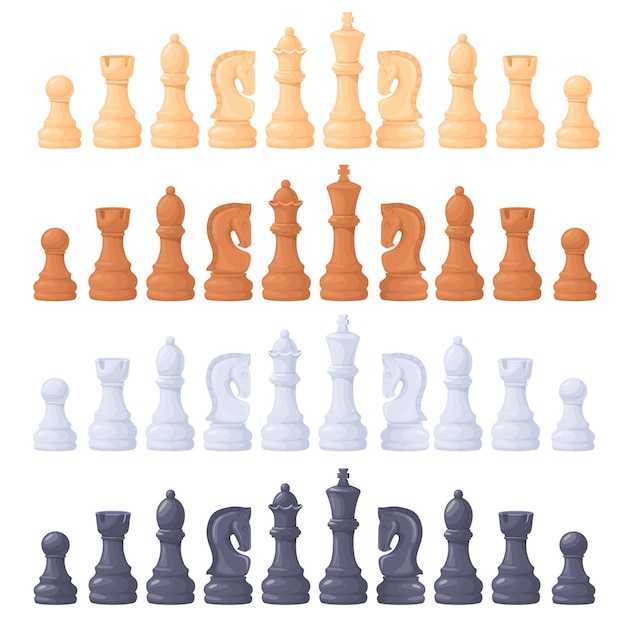 Pièces D'échecs Pour Le Jeu D'intelligence Sur L'échiquier Stratégie D'attaque Figure D'échec Roi Reine Pion évêque Château Chevalier Tour Cheval Ensemble D'illustration Vectorielle Soignée