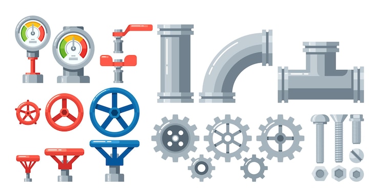 Vecteur pièces de machine manomètre de pipeline tuyaux métalliques vannes engrenages boulons et écrous composants essentiels pour la précision industrielle assurant des performances et une fiabilité optimales illustration vectorielle de dessin animé
